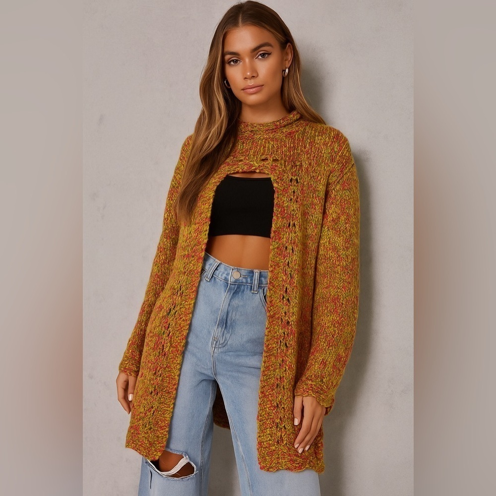 Handmade Chunky Knit Cardigan Sweater Open Front Multicolor Boho Cozy